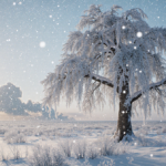 Tree standing tall in winter landscape with sunlit snowflakes and distant dark clouds hinting hope