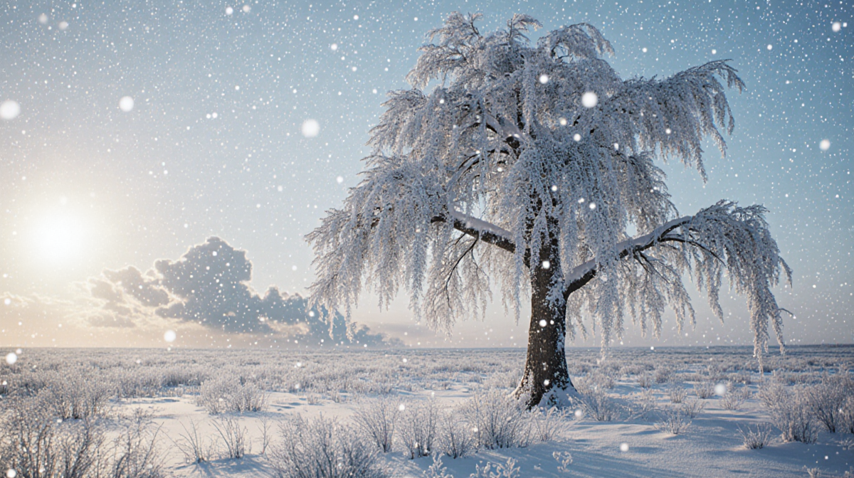 Tree standing tall in winter landscape with sunlit snowflakes and distant dark clouds hinting hope