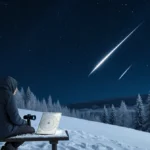 Figure stargazing with binoculars against a winter night sky streaked by meteor shower
