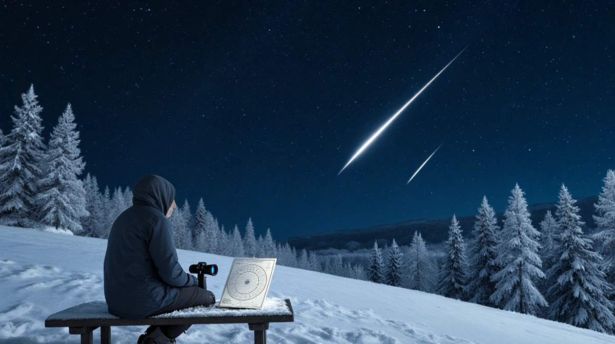 Figure stargazing with binoculars against a winter night sky streaked by meteor shower