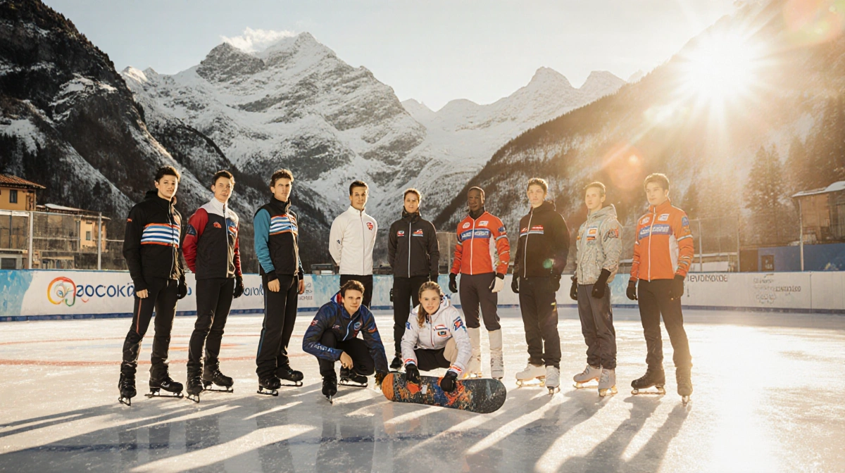 Winter Olympic athletes standing together on ice with Italian Alps reflected behind them showing unity and achievement