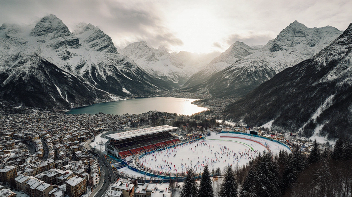 Skier racing down snowy slope with Winter Olympics venue and mountain peaks in background