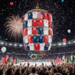 48 team uniforms hang midair forming lantern with confetti balloons and fireworks behind the Olympic celebration ceremony