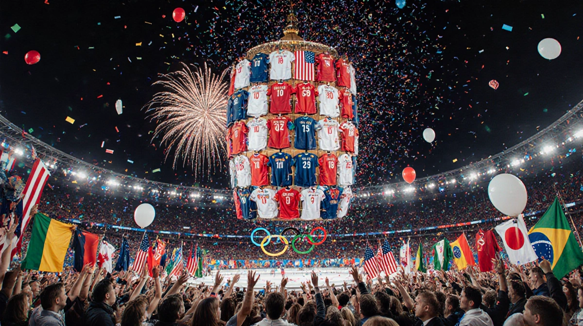 48 team uniforms hang midair forming lantern with confetti balloons and fireworks behind the Olympic celebration ceremony