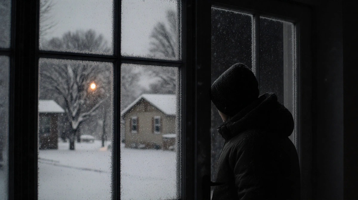 Person bundled in winter coat peers through frosted window with snow-covered trees and dark neighborhood during power outage