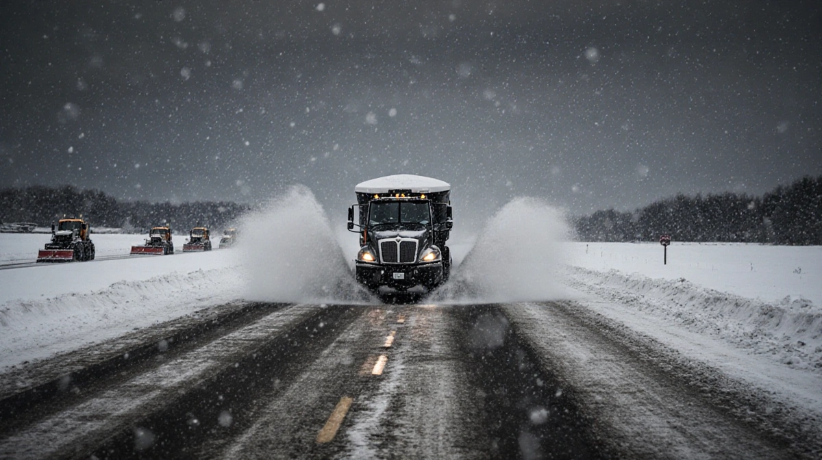 Salt spreader truck driving down snowy road with plows ahead and grey sky showing winter storm preparation