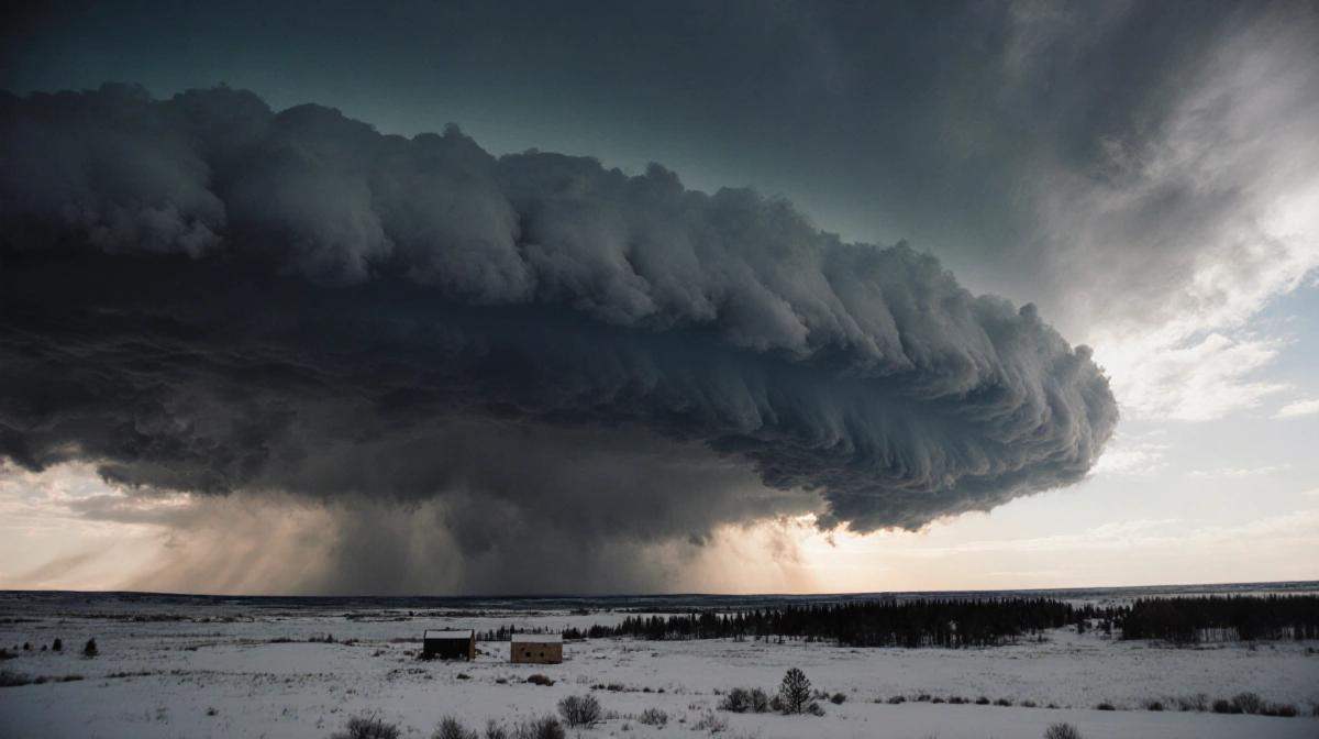 Massive winter storm cloud stretches across plains with snow-covered landscape and buildings barely visible