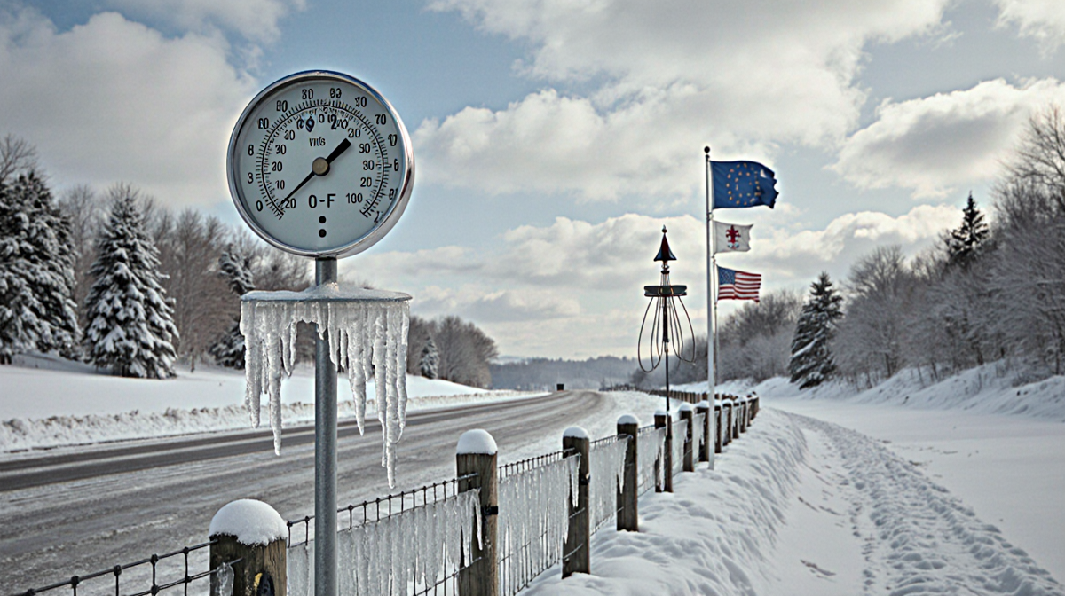 Frozen road stretches with a thermometer reading 0°F and a frozen windsock beside snowdrifts under a pale blue sky.