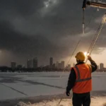 Utility worker inspects frozen power lines with dark storm clouds and snow falling over city