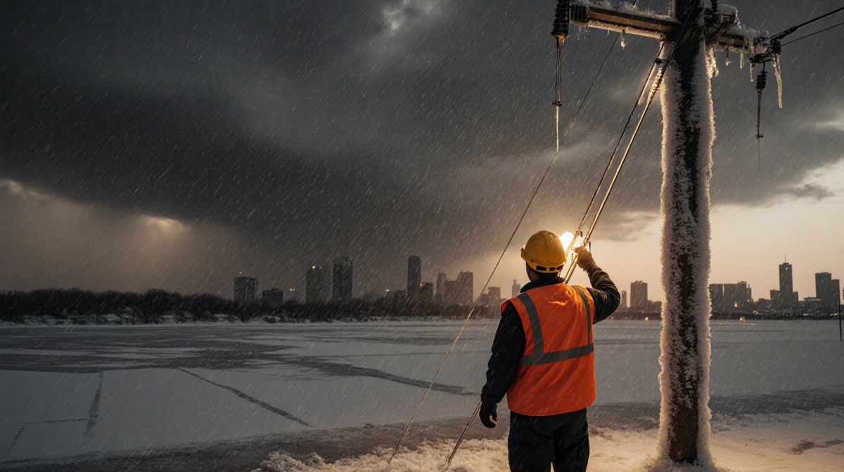 Utility worker inspects frozen power lines with dark storm clouds and snow falling over city