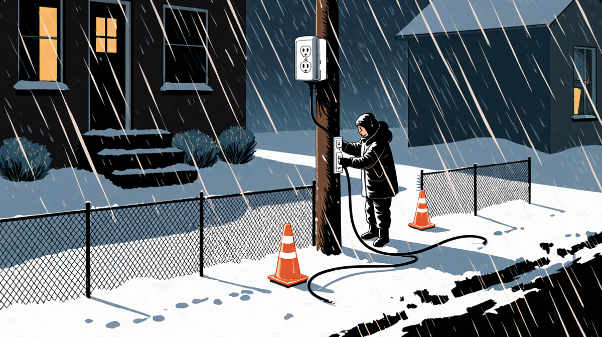 Bundled figure securing power supply to outdoor outlet with snow-covered street and protective barrier during winter storm