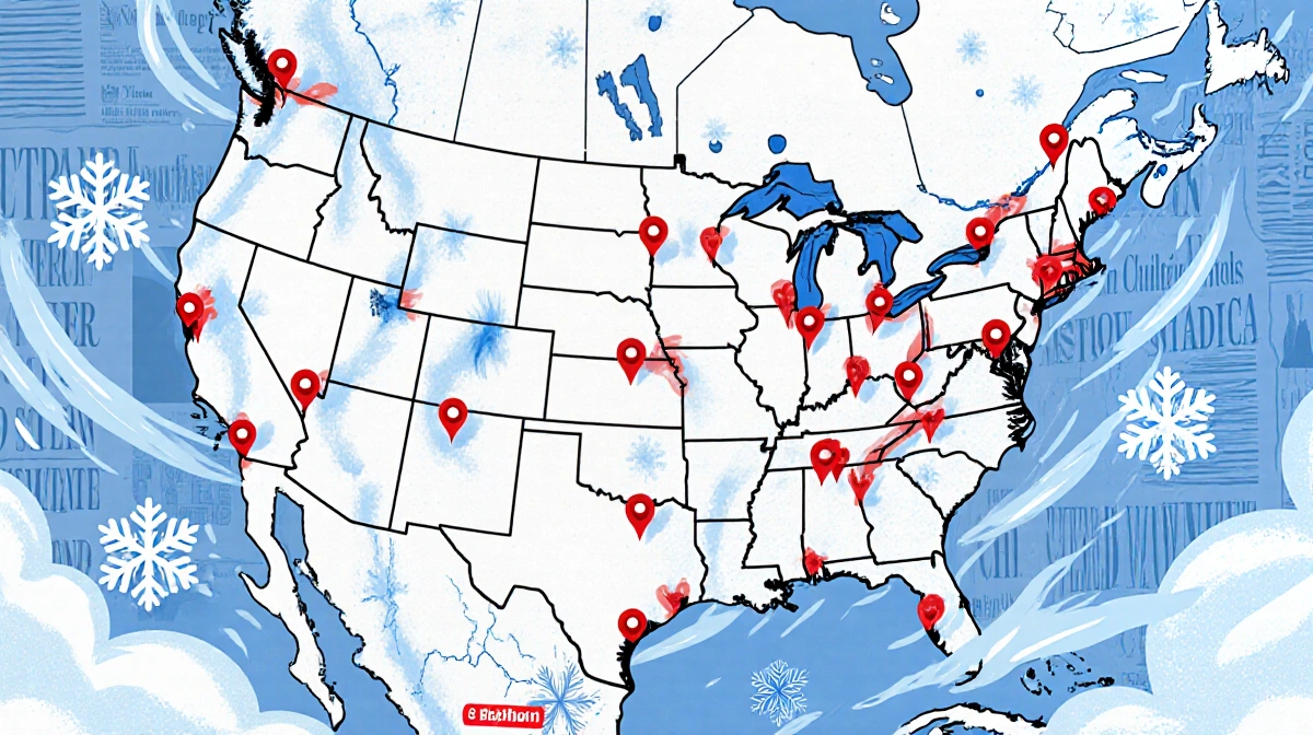 Winter storm map shows red snow warning areas with swirling snowflakes and icy clouds over newspaper headlines