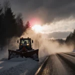 Rusty snowplow sits idle on snow-covered highway with icy fog rolling in and sunset casting long shadows across frozen landsc
