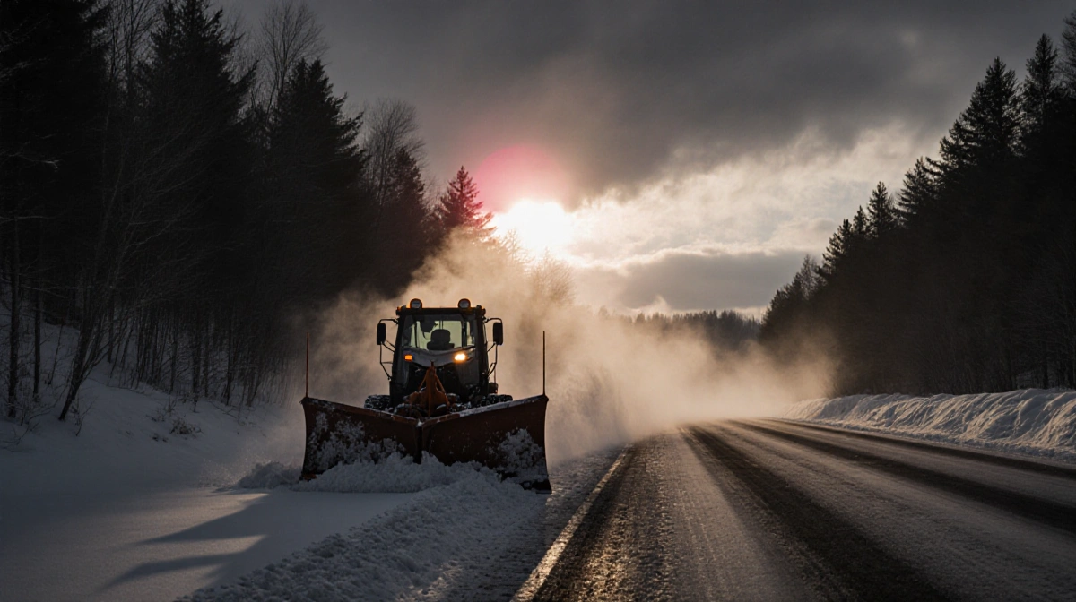 Rusty snowplow sits idle on snow-covered highway with icy fog rolling in and sunset casting long shadows across frozen landsc