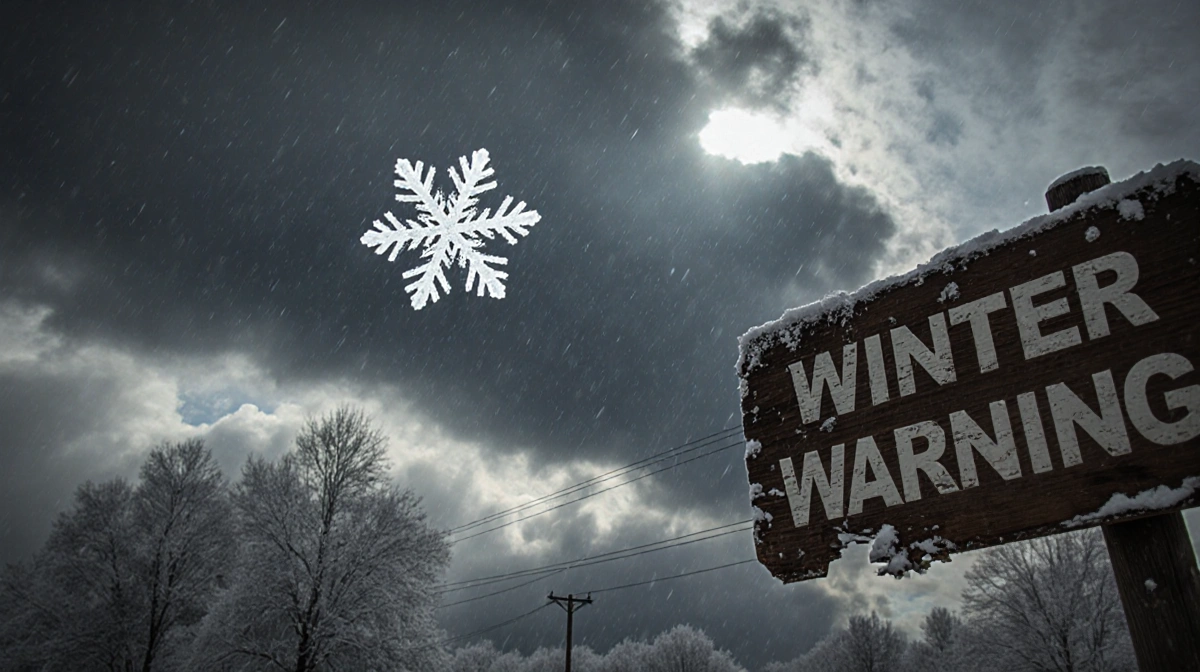 Winter storm warning sign stands with heavy snowflakes drifting past frozen trees and power lines