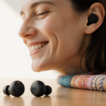 Person listening to music with sleek wireless earbuds and warm natural light highlighting a cozy desk