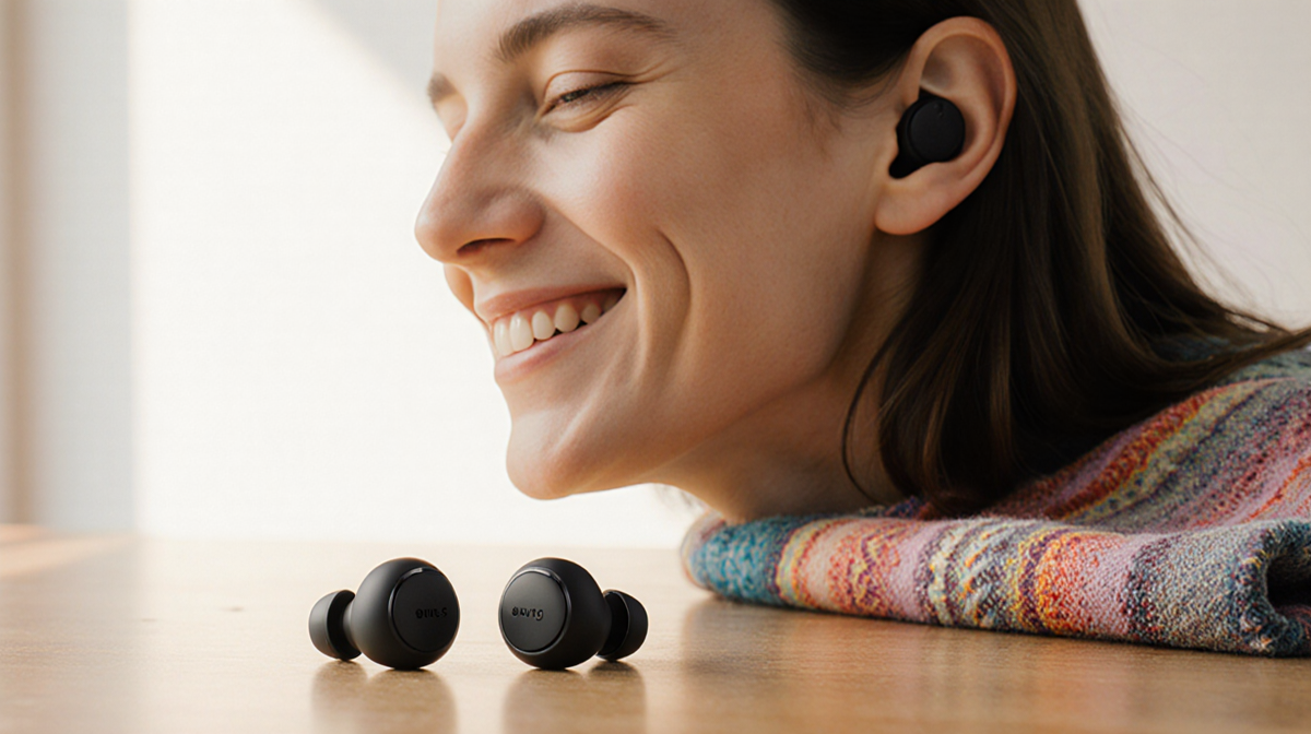 Person listening to music with sleek wireless earbuds and warm natural light highlighting a cozy desk