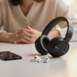 Person sits comfortably with headphones on a minimalist desk and a phone nearby.