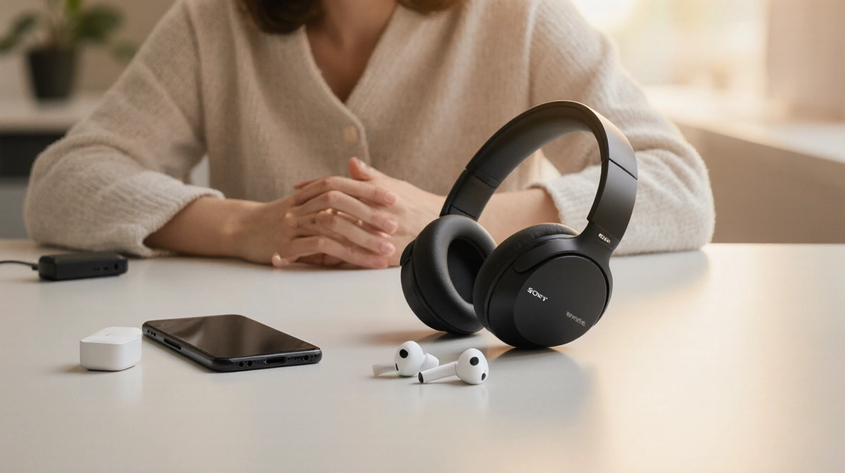 Person sits comfortably with headphones on a minimalist desk and a phone nearby.