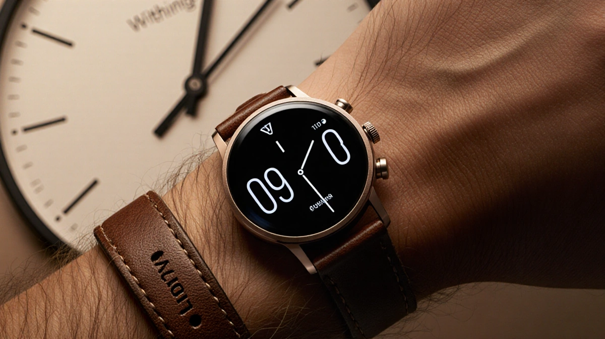 Withings ScanWatch 2 rests on worn leather strap with subtle OLED screen and embedded Withings+ logo
