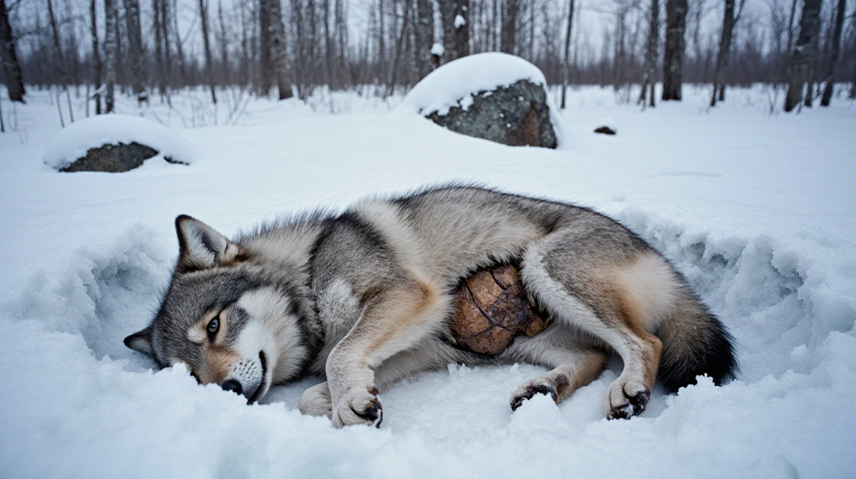 Wolf puppy lies frozen in permafrost with mummified rhinoceros tissue visible through its stomach and snow-covered trees behi