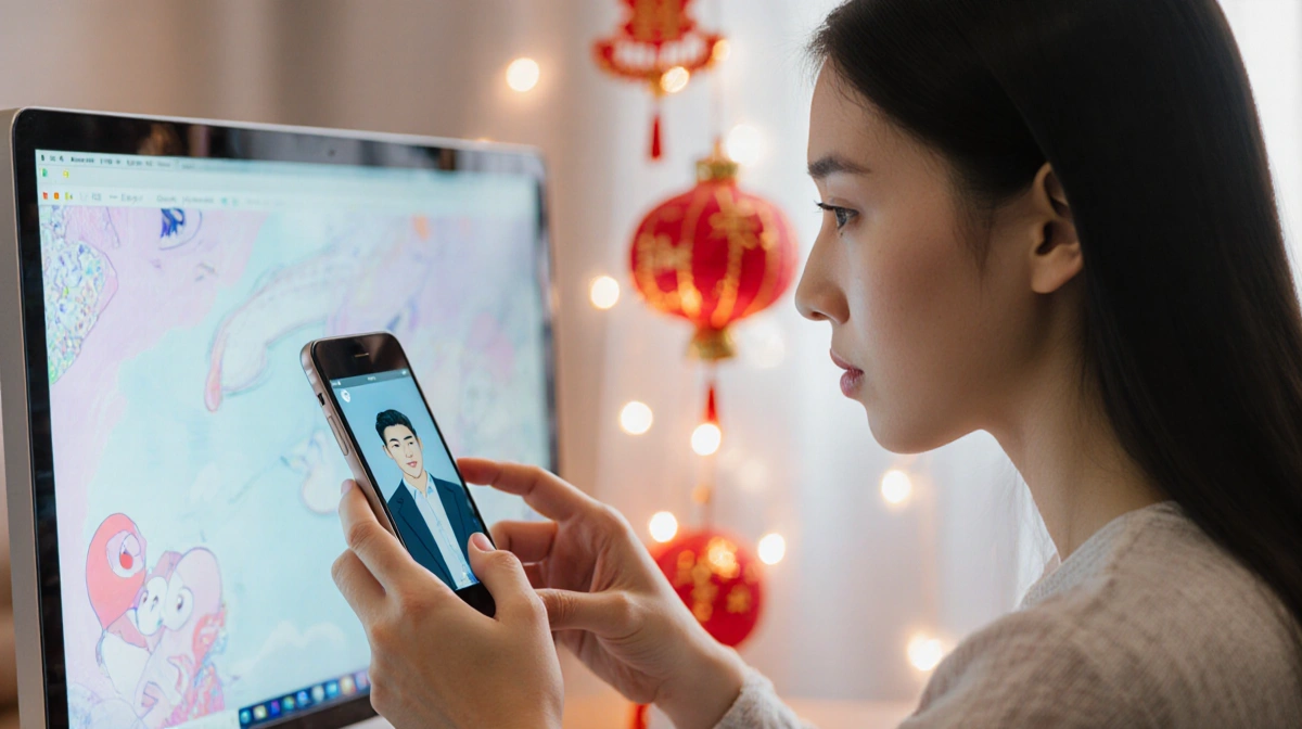 Young woman using AI boyfriend app on phone with Chinese New Year decorations and skeptical expression