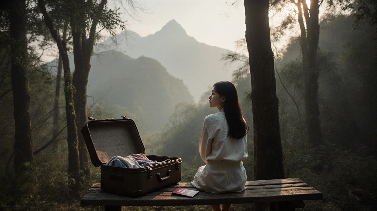 Woman sits on wooden bench with suitcase and passport showing travel journey home