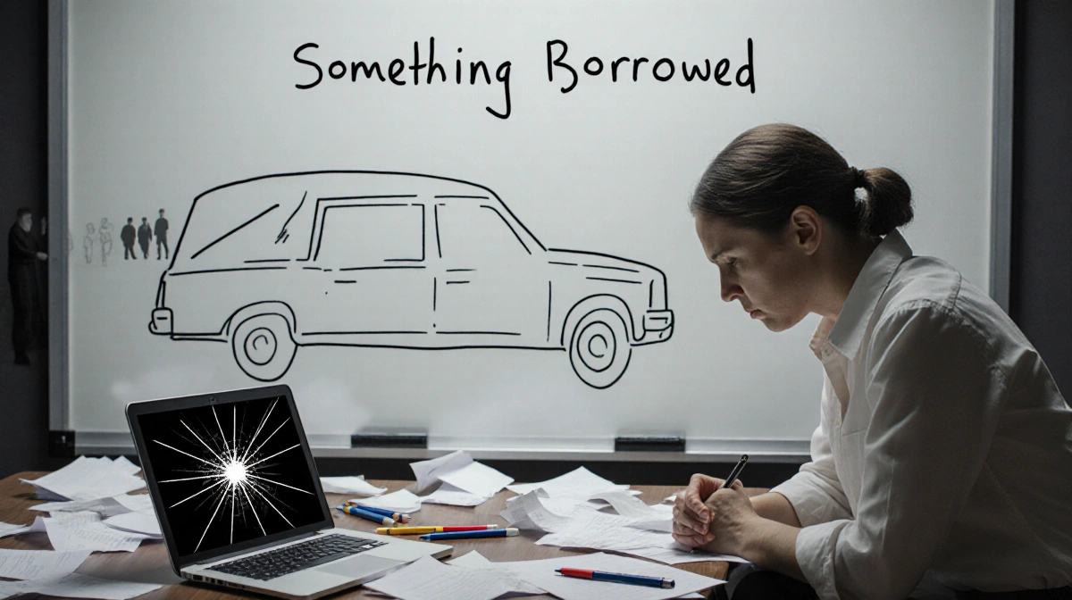 Woman sits exhausted at empty whiteboard with scattered papers and broken pens showing business grief