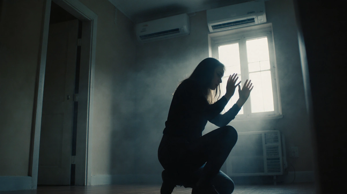Woman kneeling raising hands defensively with blurred window and air conditioning vent in dimly lit room