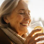 Middle-aged woman sipping lemon water with warm glow and winter light through window