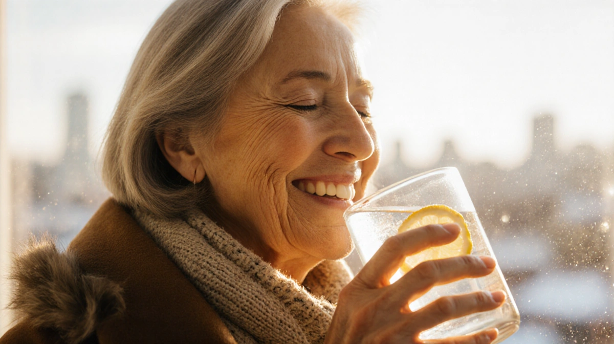 Middle-aged woman sipping lemon water with warm glow and winter light through window