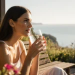 Woman sits on wooden bench holding sparkling collagen water with rosemary sprigs and gazing at serene lake sunlight