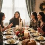 Irish women laughing around a table with soda bread and colcannon and candles casting a warm glow