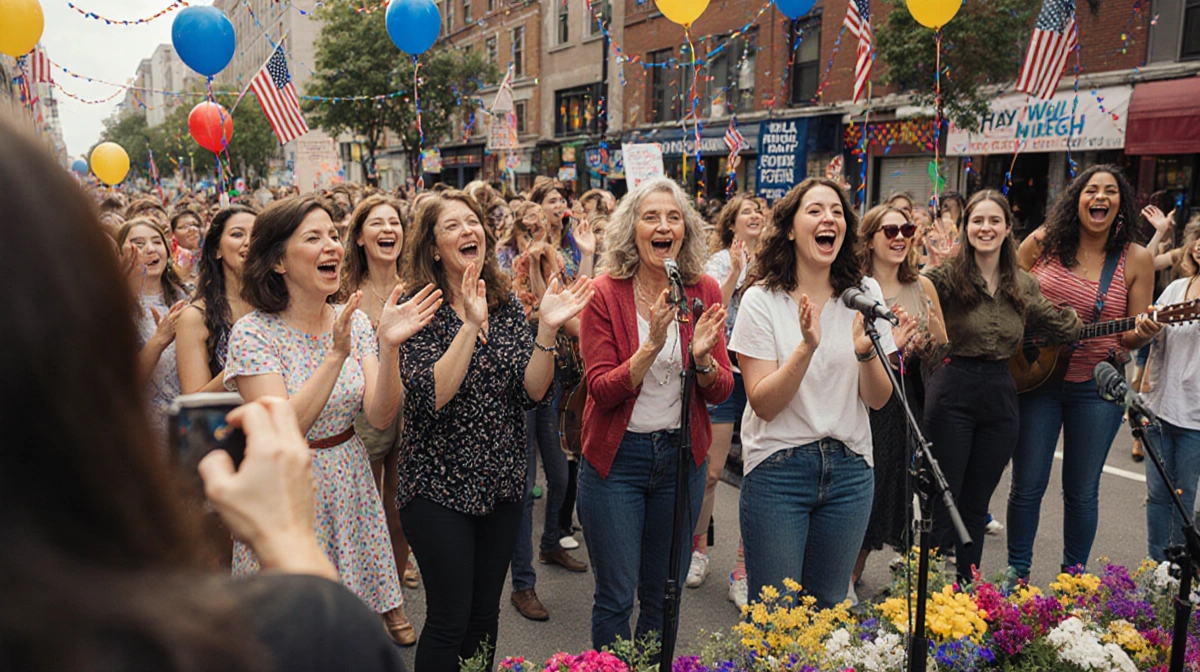 Women cheering around a microphone with colorful balloons and streamers in a street festival