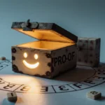 Worn wooden puzzle box opening revealing glowing LED light with warm glow on circular P-R-O-O-F letters and Wordle board in s