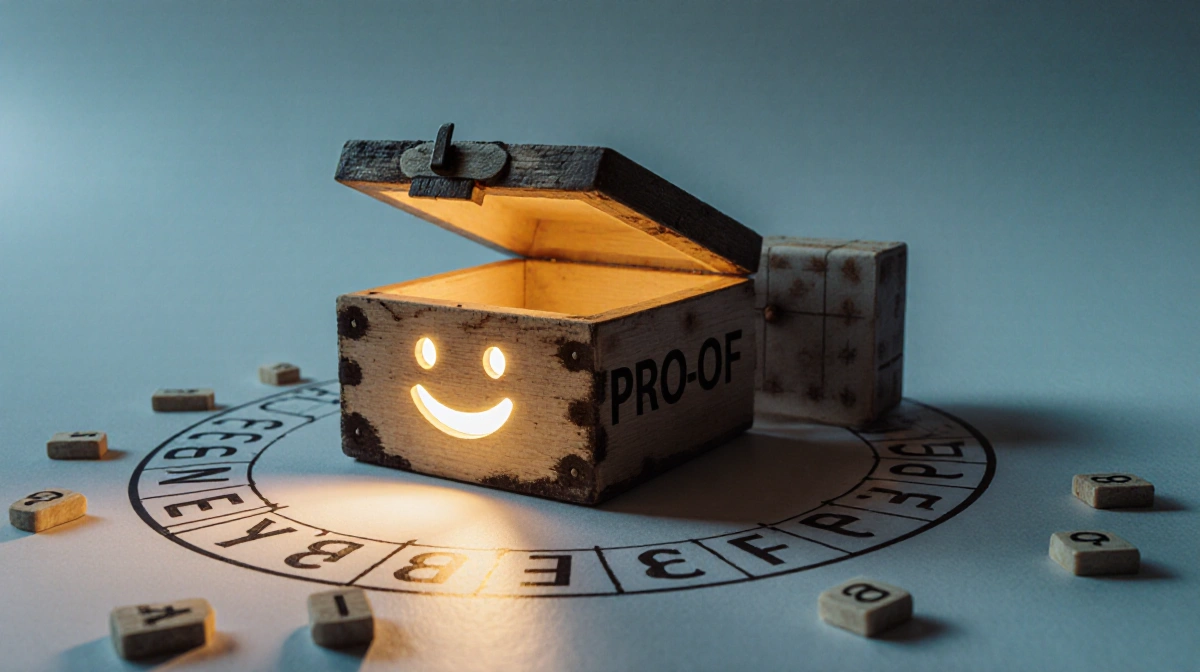 Worn wooden puzzle box opening revealing glowing LED light with warm glow on circular P-R-O-O-F letters and Wordle board in s
