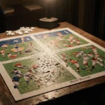 Completed NYT Connections sports puzzle sits on worn wooden table with scattered clues and soft warm lighting
