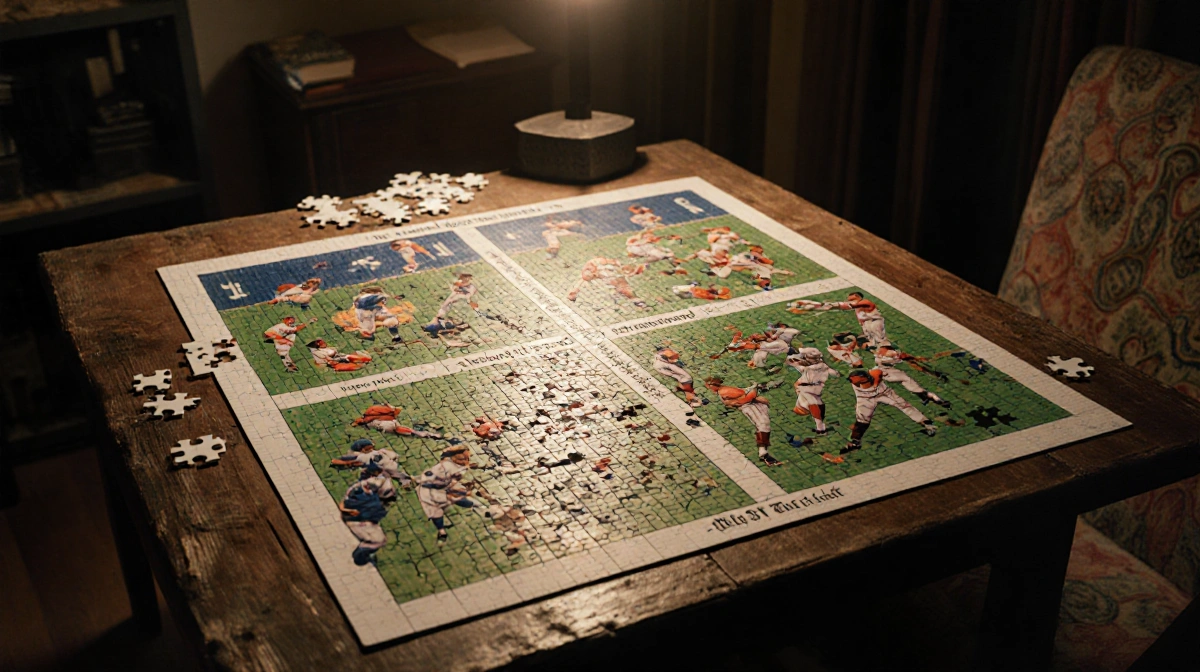 Completed NYT Connections sports puzzle sits on worn wooden table with scattered clues and soft warm lighting