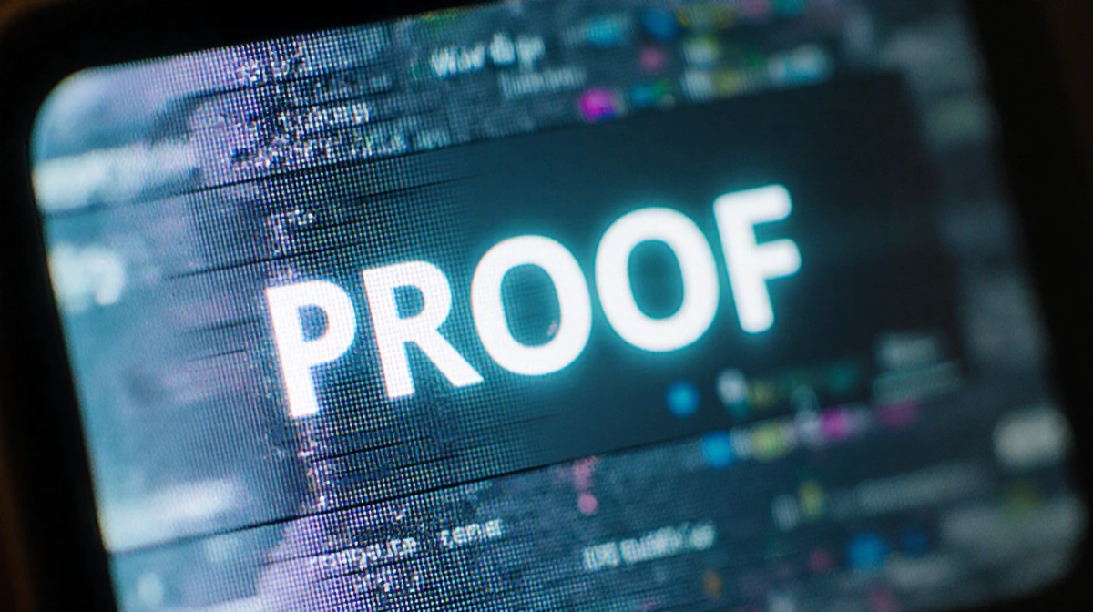 Wordle puzzle board shows the answer PROOF in bold white letters with a faint blurred gradient background and subtle grid lin