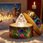 Box opens slightly revealing a sparkling prism with golden glow and a festive holiday shadow hinting at a Christmas Wordle