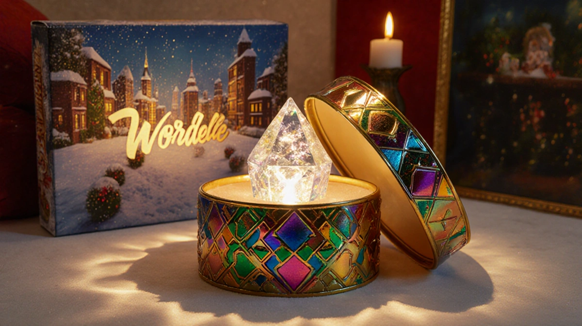 Box opens slightly revealing a sparkling prism with golden glow and a festive holiday shadow hinting at a Christmas Wordle