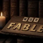 Wordle puzzle vintage board showing hint FABLE with candle glow and leather books behind golden ink on F and E