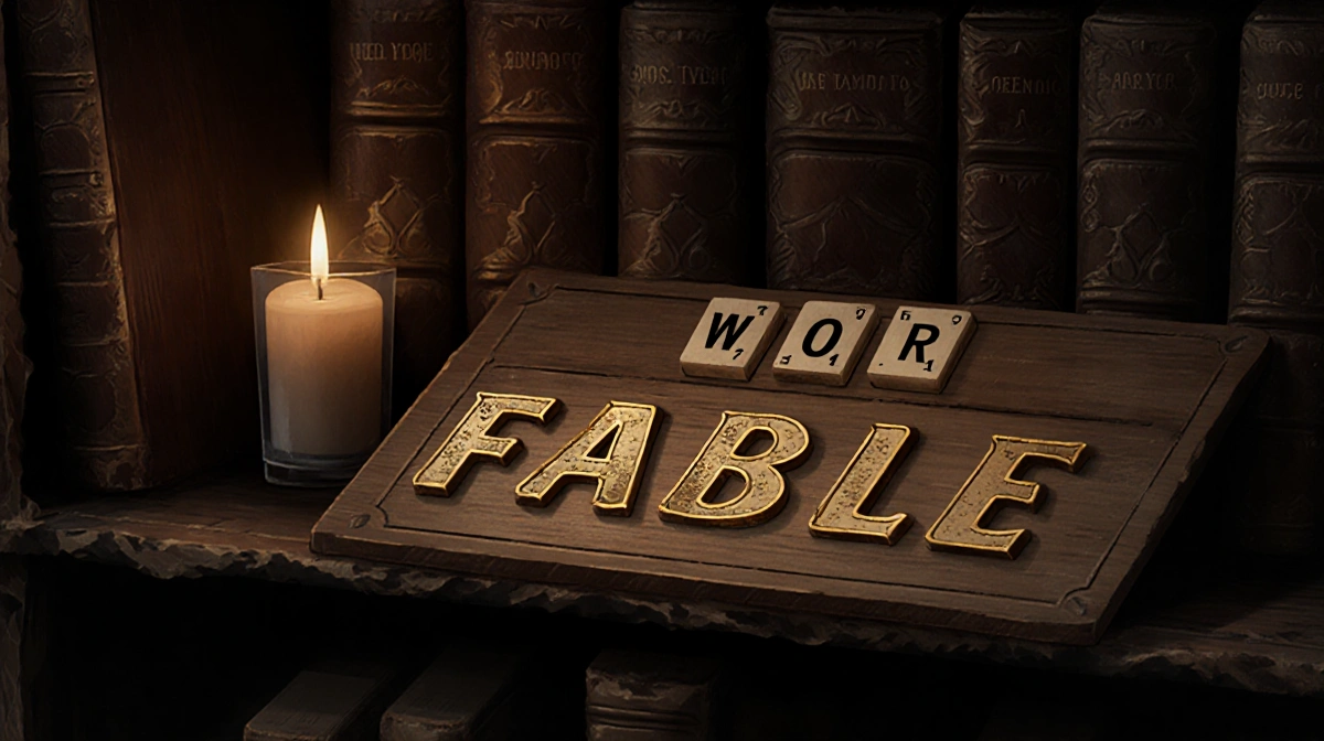Wordle puzzle vintage board showing hint FABLE with candle glow and leather books behind golden ink on F and E