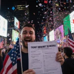 Excited fan holds World Cup ticket request with countdown screens and American Mexican Canadian flags overhead