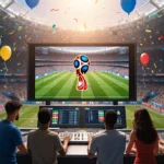 Diverse fans gather around gaming console with World Cup match on giant screen and betting odds showing