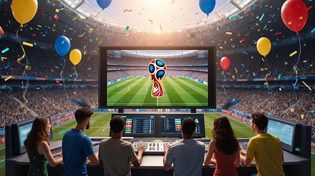 Diverse fans gather around gaming console with World Cup match on giant screen and betting odds showing