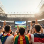Diverse soccer fans cheer together at World Cup stadium with colorful jerseys and flags waving under natural light