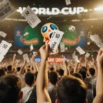 Frustrated fans wave World Cup tickets with scattered paper on the ground and sponsor branding behind