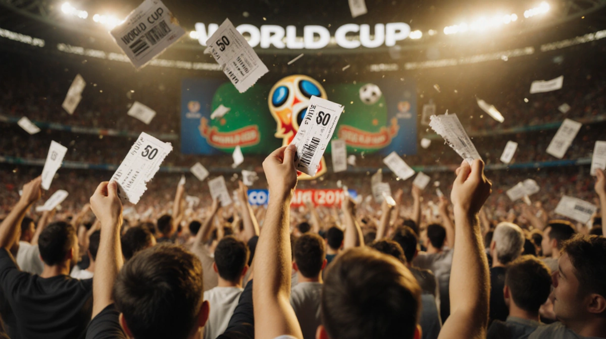 Frustrated fans wave World Cup tickets with scattered paper on the ground and sponsor branding behind