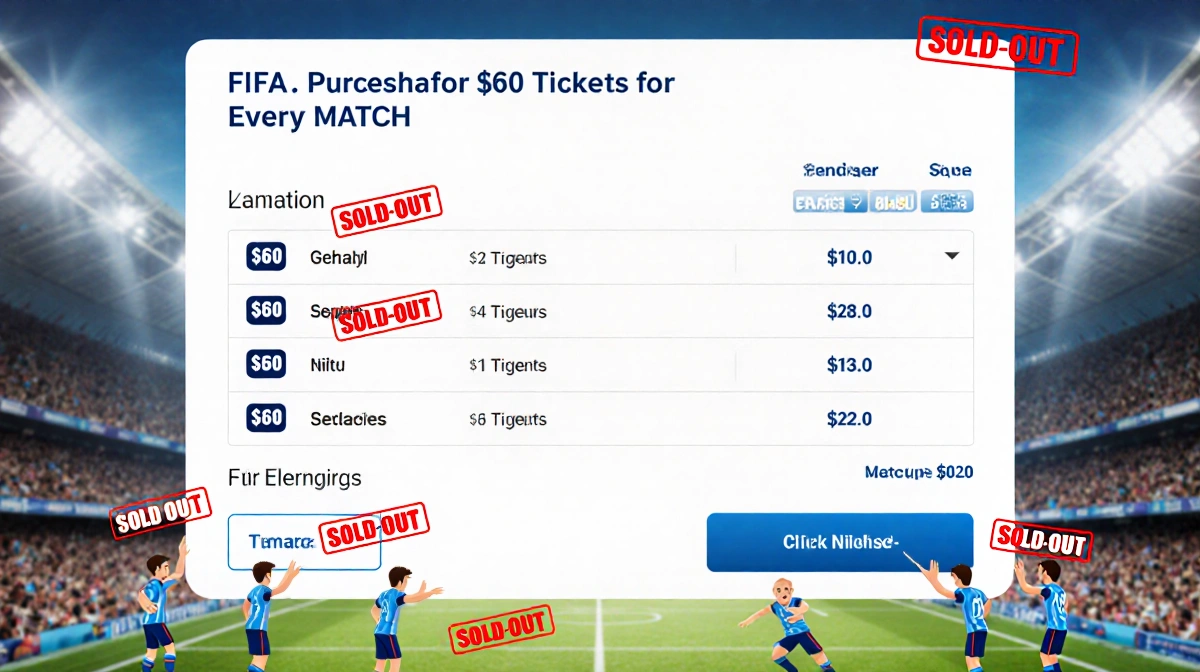 Crowded ticket screen shows sold out World Cup matches with red stamps and frantic fans clicking behind